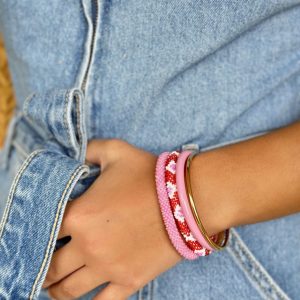 Bracelet Népalais Maison Kizo Motif Rose blanc et rouge