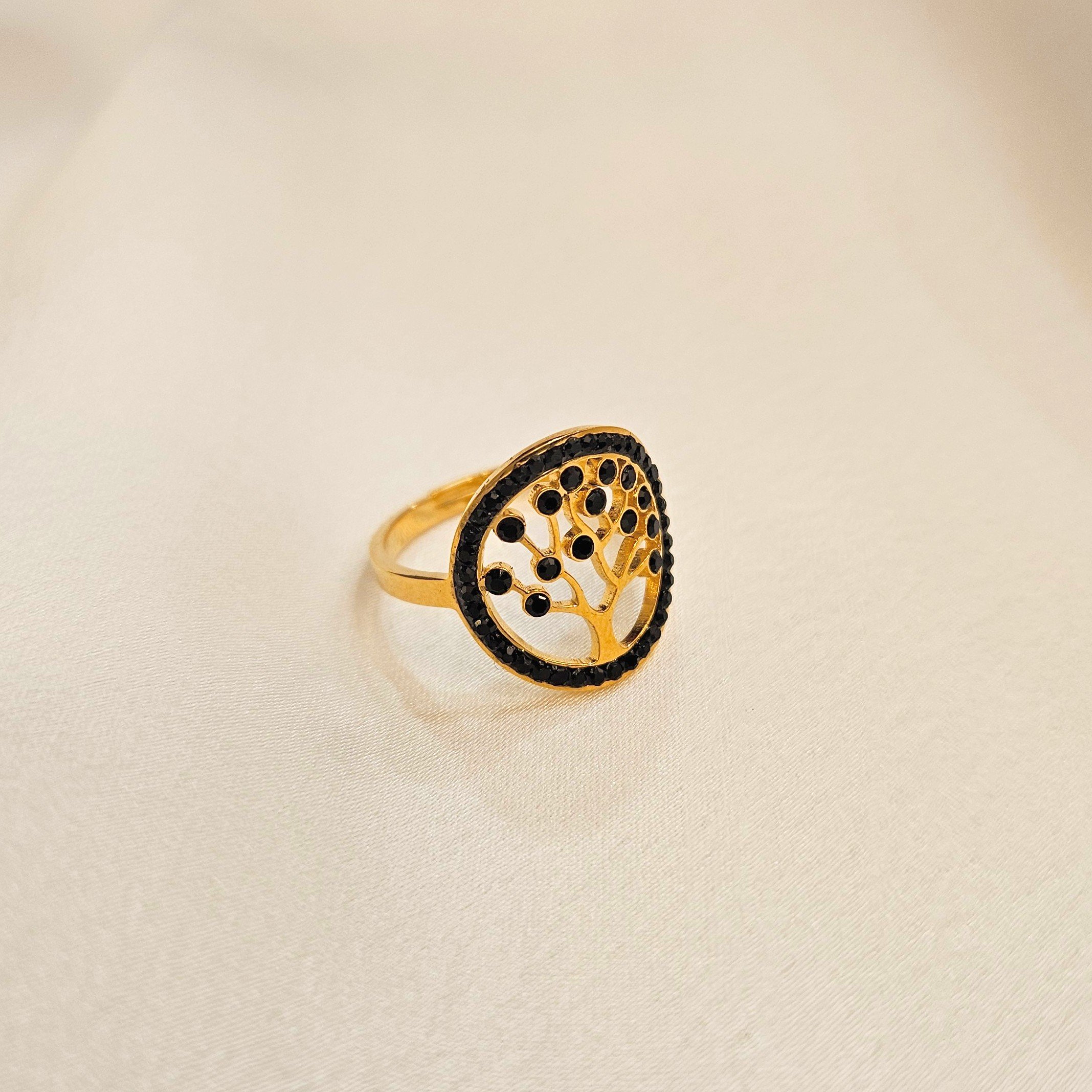 Bague Acier Doré Arbre De Vie Noir