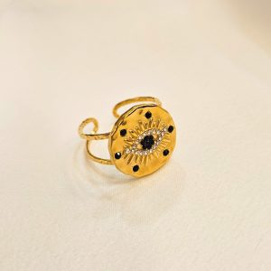 Bague Acier Doré et Noir à Strass